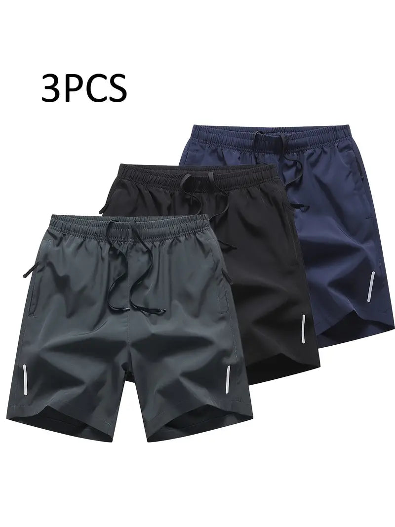 3-Piece Mens Solid Active Shorts - Stylish & Comfortable with Drawstring Waist & Secure Zip Pockets - Ideal for Summer Training & Everyday Wear