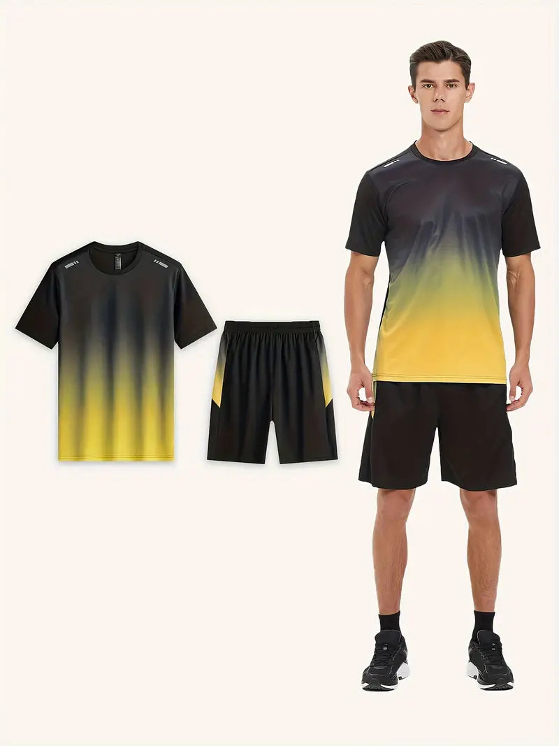 2-piece Men's Summer Basketball Training Running Outfit Set, Gradient Short Sleeve T-shirt & Quick-drying Shorts Set