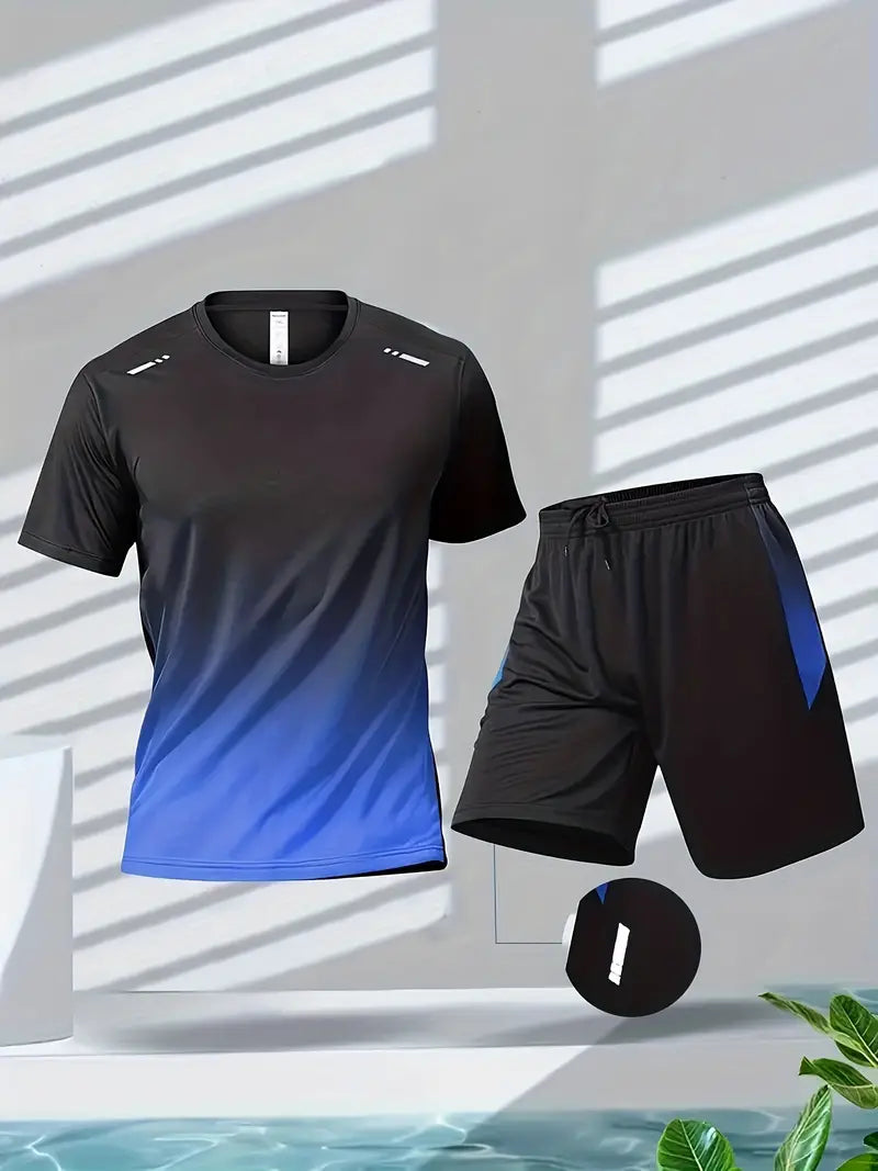 2-piece Men's Summer Basketball Training Running Outfit Set, Gradient Short Sleeve T-shirt & Quick-drying Shorts Set