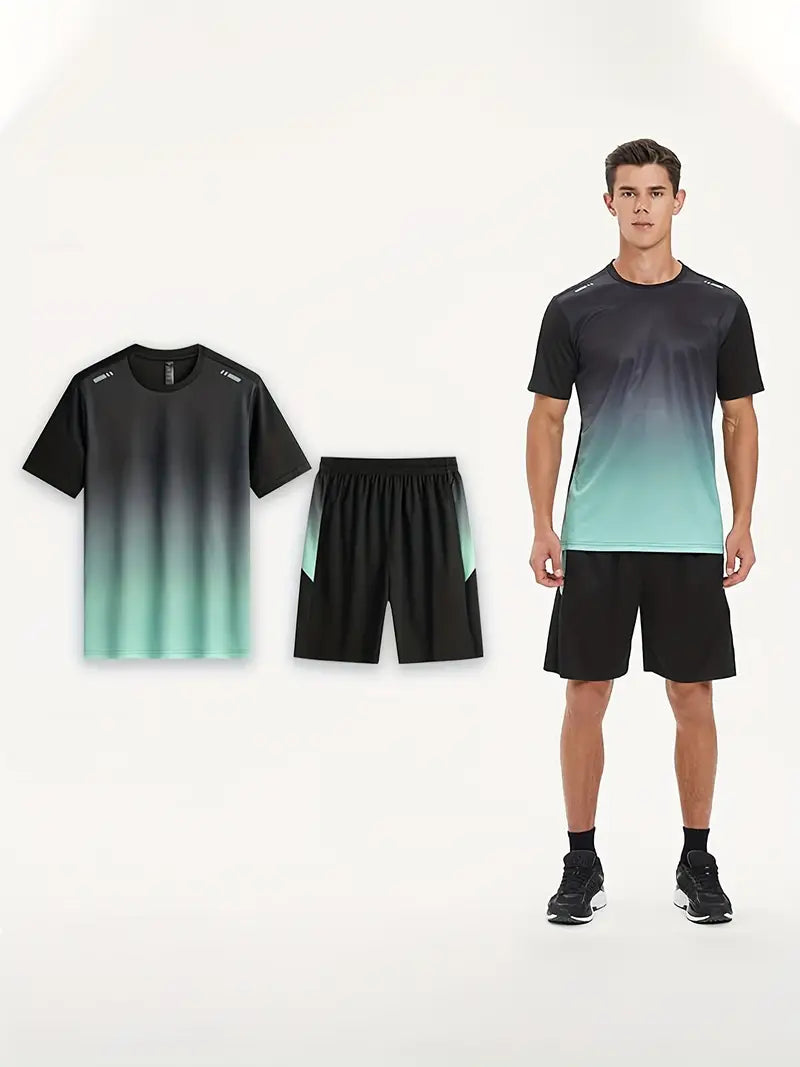 2-piece Men's Summer Basketball Training Running Outfit Set, Gradient Short Sleeve T-shirt & Quick-drying Shorts Set