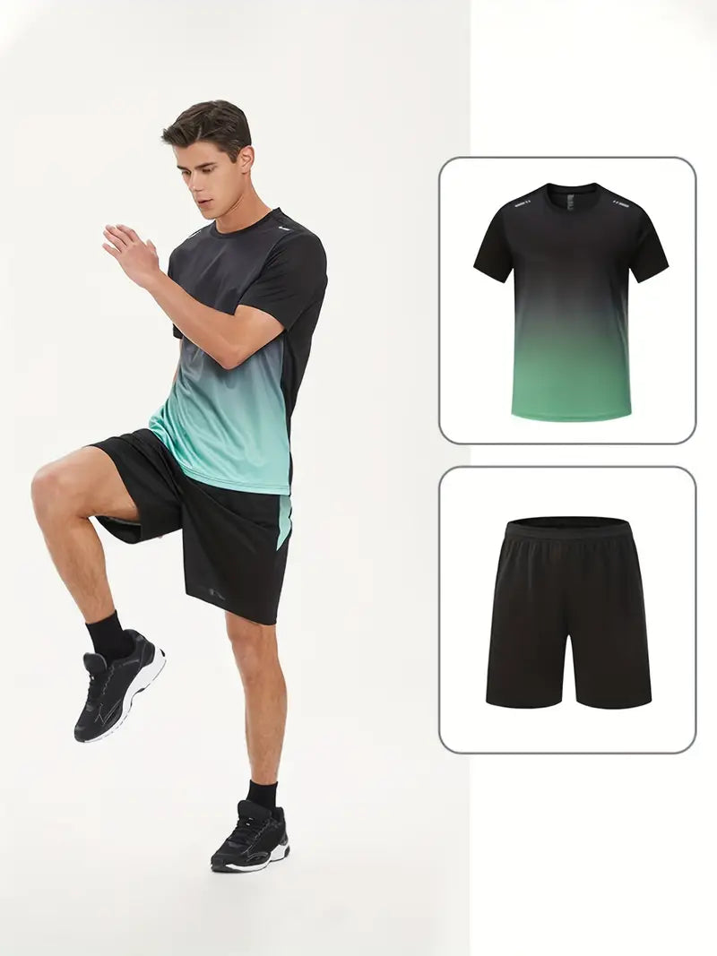 2-piece Men's Summer Basketball Training Running Outfit Set, Gradient Short Sleeve T-shirt & Quick-drying Shorts Set