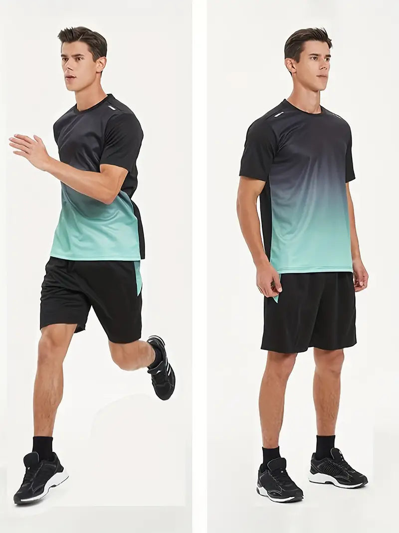 2-piece Men's Summer Basketball Training Running Outfit Set, Gradient Short Sleeve T-shirt & Quick-drying Shorts Set