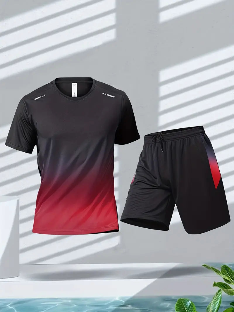 2-piece Men's Summer Basketball Training Running Outfit Set, Gradient Short Sleeve T-shirt & Quick-drying Shorts Set