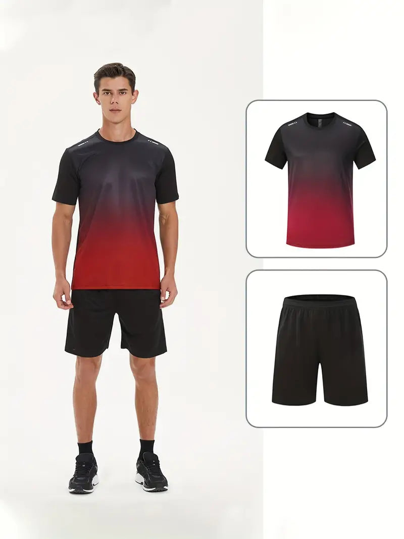 2-piece Men's Summer Basketball Training Running Outfit Set, Gradient Short Sleeve T-shirt & Quick-drying Shorts Set