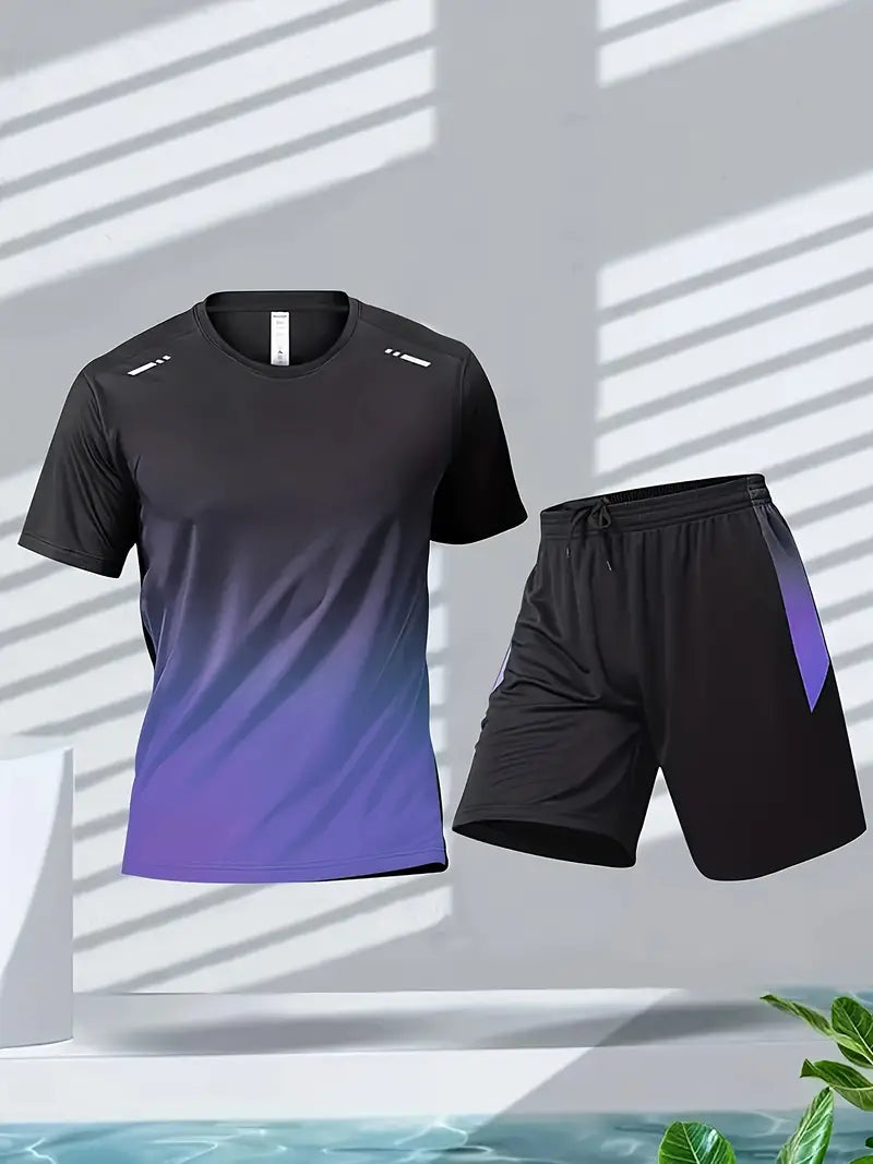 2-piece Men's Summer Basketball Training Running Outfit Set, Gradient Short Sleeve T-shirt & Quick-drying Shorts Set