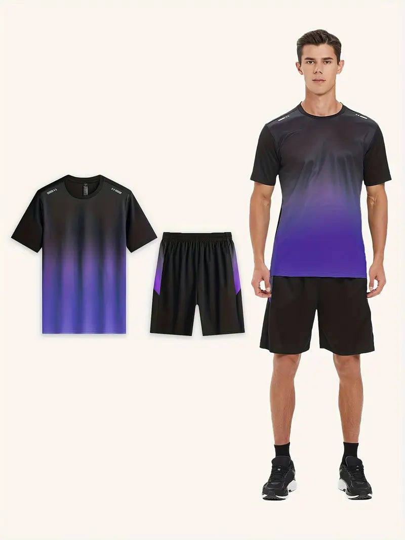 2-piece Men's Summer Basketball Training Running Outfit Set, Gradient Short Sleeve T-shirt & Quick-drying Shorts Set