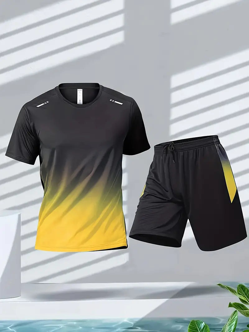 2-piece Men's Summer Basketball Training Running Outfit Set, Gradient Short Sleeve T-shirt & Quick-drying Shorts Set