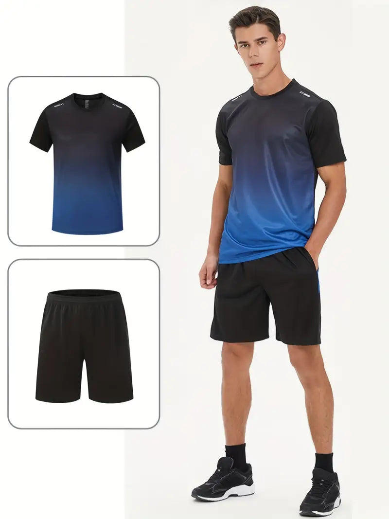 2-piece Men's Summer Basketball Training Running Outfit Set, Gradient Short Sleeve T-shirt & Quick-drying Shorts Set