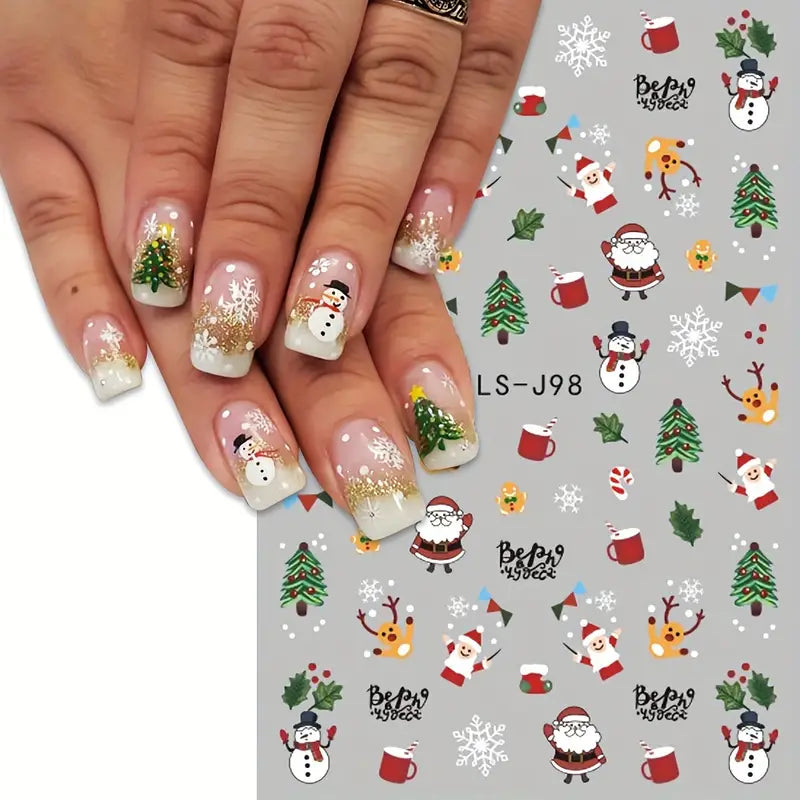 9 Sheet Christmas Nail Art Stickers - Embroidered, Matte Finish, Self-Adhesive Cartoon Nail Decals with Snowflake, Santa Claus, and Elk Designs - Perfect Gift for Women and Girls, Unscented, Single-Use, and Reusable on Glass Surfaces