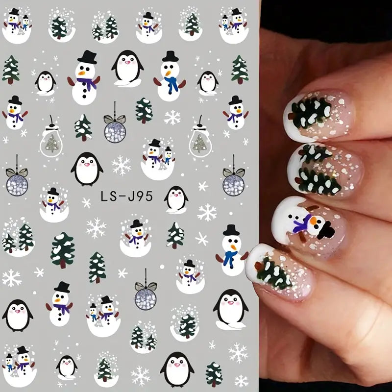 9 Sheet Christmas Nail Art Stickers - Embroidered, Matte Finish, Self-Adhesive Cartoon Nail Decals with Snowflake, Santa Claus, and Elk Designs - Perfect Gift for Women and Girls, Unscented, Single-Use, and Reusable on Glass Surfaces