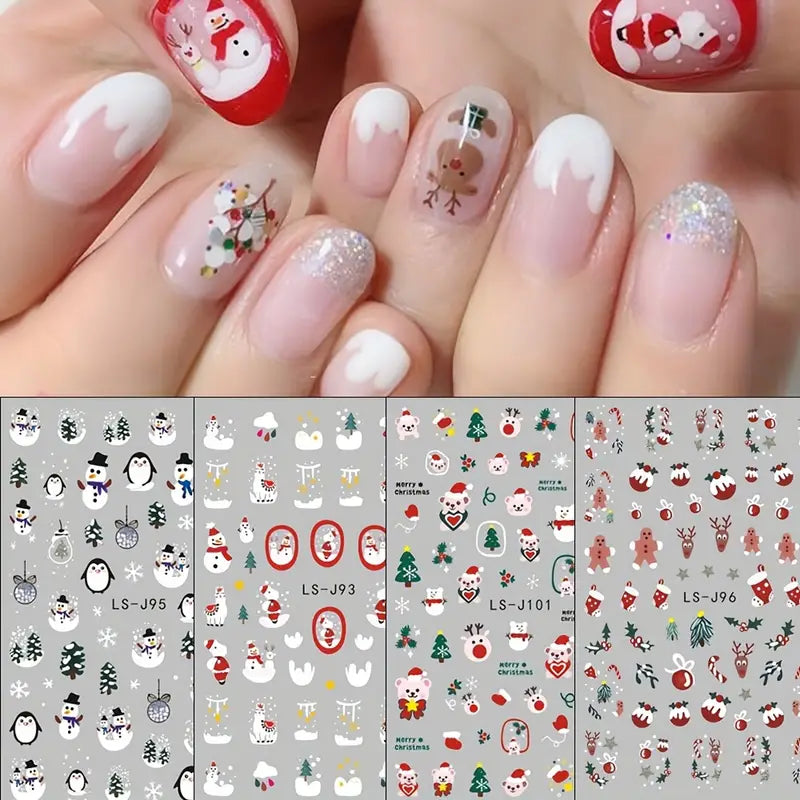 9 Sheet Christmas Nail Art Stickers - Embroidered, Matte Finish, Self-Adhesive Cartoon Nail Decals with Snowflake, Santa Claus, and Elk Designs - Perfect Gift for Women and Girls, Unscented, Single-Use, and Reusable on Glass Surfaces