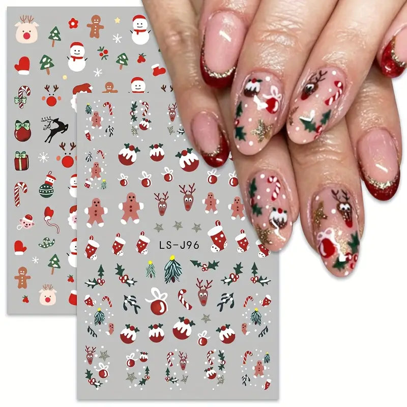 9 Sheet Christmas Nail Art Stickers - Embroidered, Matte Finish, Self-Adhesive Cartoon Nail Decals with Snowflake, Santa Claus, and Elk Designs - Perfect Gift for Women and Girls, Unscented, Single-Use, and Reusable on Glass Surfaces