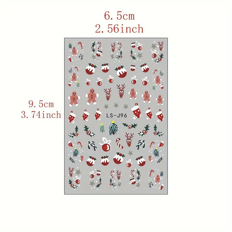 9 Sheet Christmas Nail Art Stickers - Embroidered, Matte Finish, Self-Adhesive Cartoon Nail Decals with Snowflake, Santa Claus, and Elk Designs - Perfect Gift for Women and Girls, Unscented, Single-Use, and Reusable on Glass Surfaces