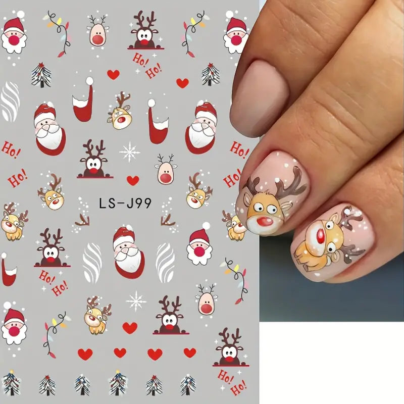 9 Sheet Christmas Nail Art Stickers - Embroidered, Matte Finish, Self-Adhesive Cartoon Nail Decals with Snowflake, Santa Claus, and Elk Designs - Perfect Gift for Women and Girls, Unscented, Single-Use, and Reusable on Glass Surfaces